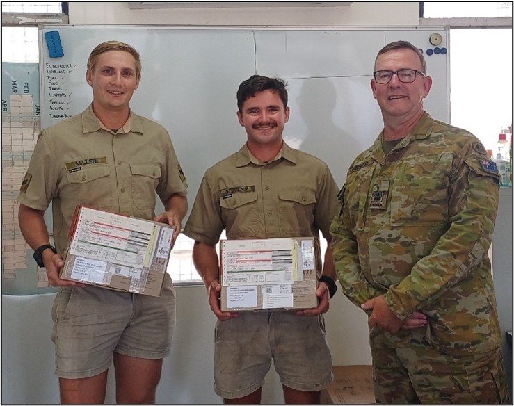 CPL Michael Miller CFN Jordan Stevens gifted their Spanner Packs from WO2 David Shepherd Workshop Logistic Advisor DCP