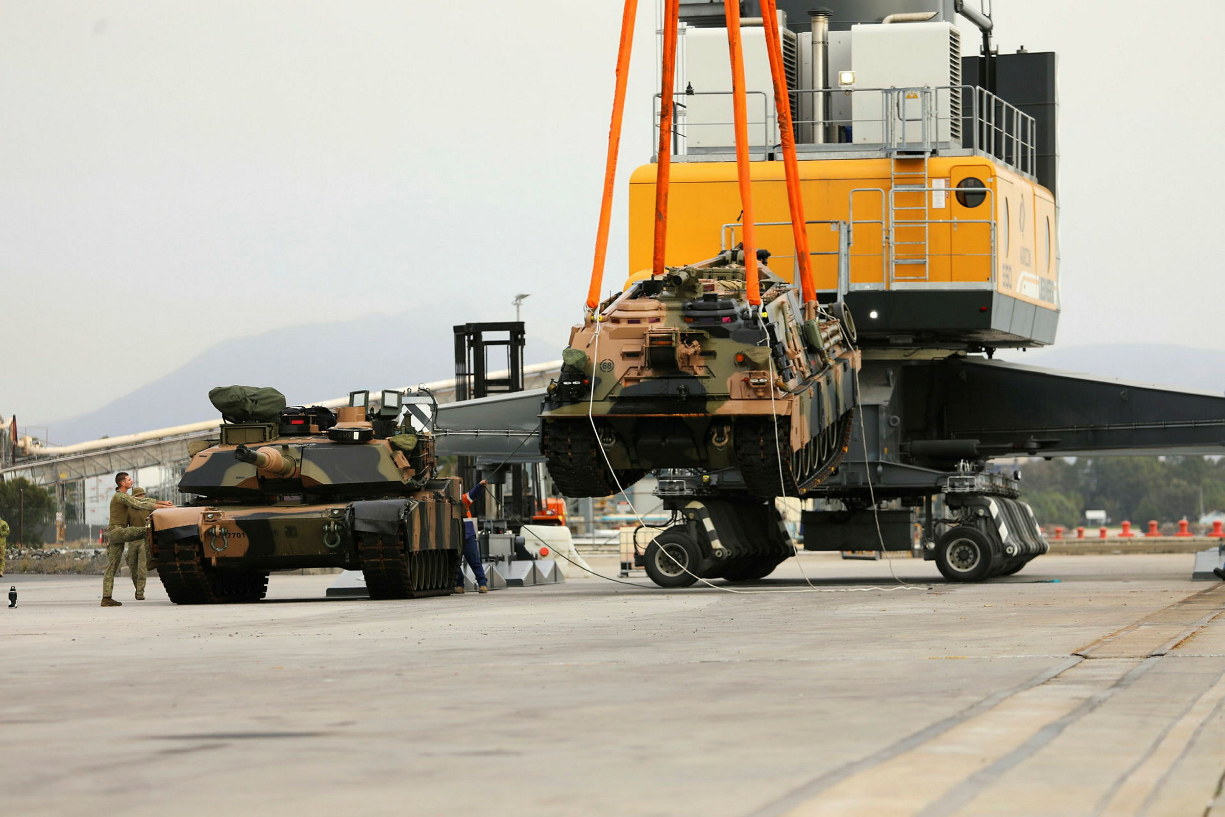 M88 Armoured Recovery Vehicle being lifted from a United States Landing Craft Utility 3
