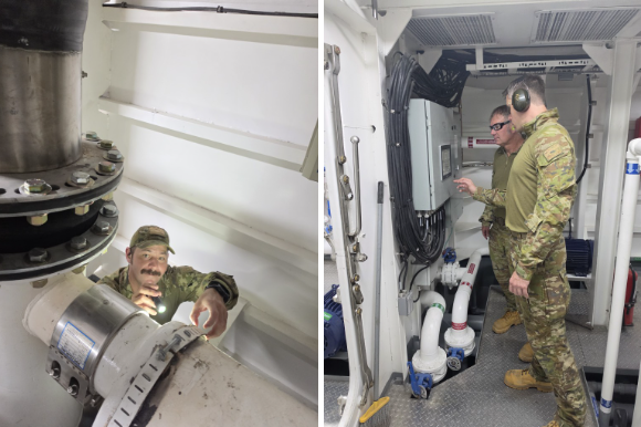 Marine Techs SGT Matthew Doogs McDougal SGT Warren Squizz Taylor and CPL Tyler Ty Griinke conduct inspections